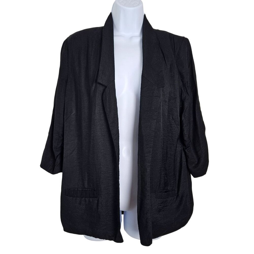 Lauren Conrad Size 12 Womens Black Open-Front Blazer Jacket 3/4 Ruched Sleeves